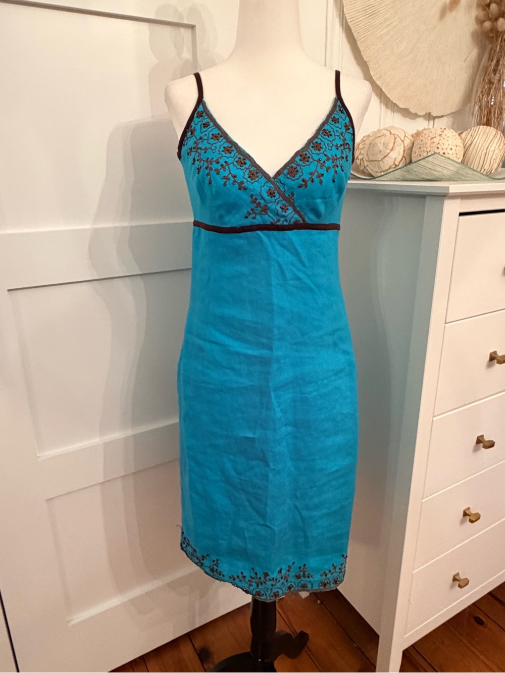 Donna Morgan Turquoise Slip Dress with brown Embroidery